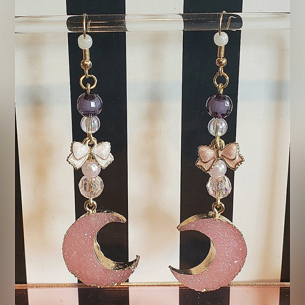 Handmade Cute Dangle Earrings With Bow Charms & Pink Moons & Faux Pearl Beads
